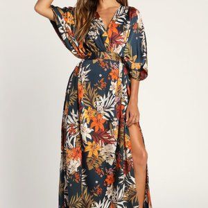 Take a Holiday Navy Blue Tropical Print Maxi Dress